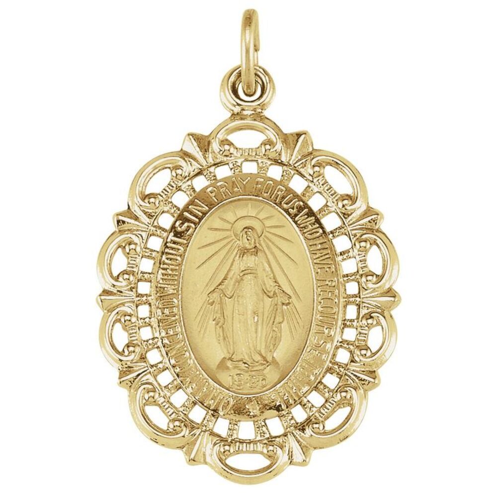 14k Yellow Gold Oval Filigree Miraculous Medal Pendant, 18 x 25mm